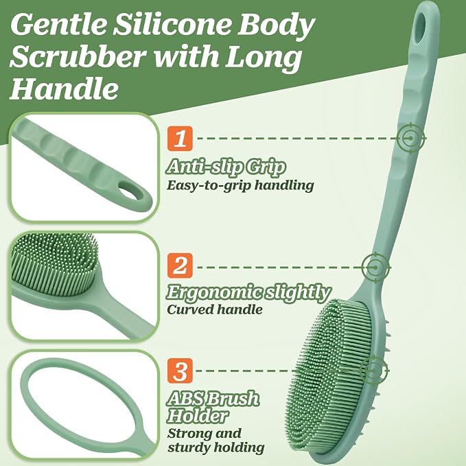 Silicone Back Washer for Shower, Gentle Exfoliating Body & Back Scrubber with Handle, Silicone Loofah with Two Dual-Side & Replaceable Brush Heads(Green-Two Heads)