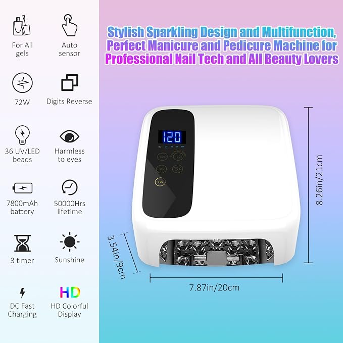 UV LED Nail Lamp for Gel Polish 72W Rechargeable Gel Nail Lamp Cordless Nail Dryer with Replaceable Light Board UV Light for Gel Nails for Home and Salon Use (White B)