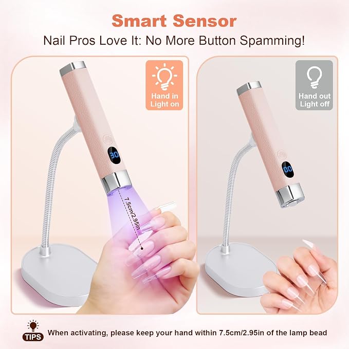 Mini Nail Lamp for Gel Nails with AI Sensor & Magnetic Stand,Rechargeable | Handheld or Hands-free,Flash Cure Nail Lamp for Gel X & Press on Nails,Gooseneck UV Light with LCD Display & 2 Timers (pink)