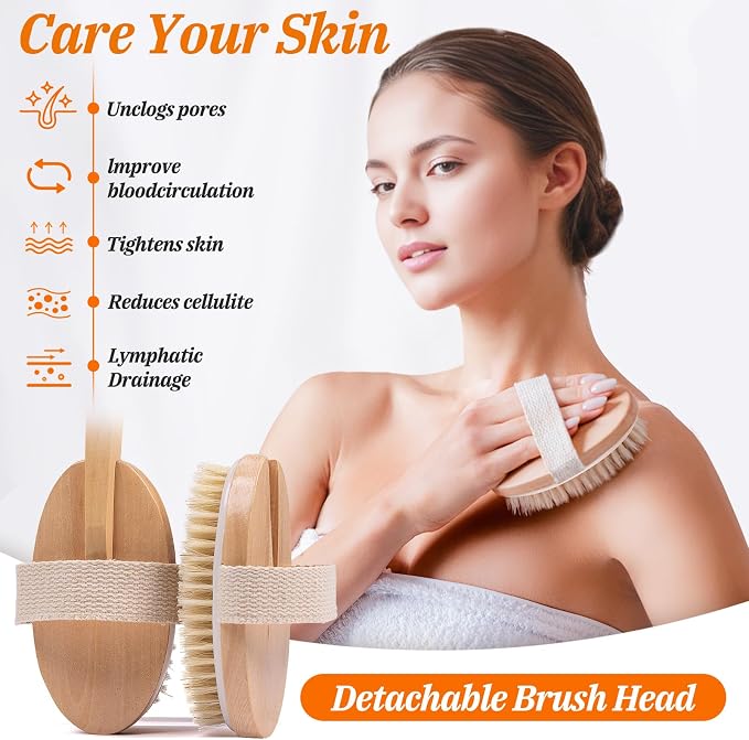 Wood Body Brush Set,20.6’’ Long Handle Bath Body Back Scrubber Soft & Stiff Bristles Detachable 2 Brush Heads Gentle Exfoliator Remove for Wet & Dry Use
