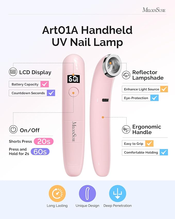 MelodySusie Handheld Flash Cure Nail Lamp P-ART01A Cordless Mini Nail Light | Concave Ergonomic Handle for Nail Tech, Spot Cure for Soft Gel, Gel-X & Press-On, 630mAh Battery