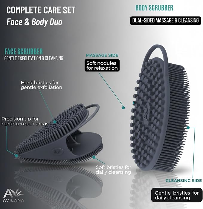 Avilana Premium Body Scrubber and Face Brush Set - Trusted Since 2017 - SGS Certified Silicone 2-in-1 Shower Kit, Dual Sided Gentle Exfoliating Loofah Alternative Sensitive Skin Women Men Gift