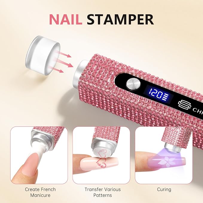 UV Nail Lamp, 3 in 1 Handheld UV Light for Gel Nails, Flash Cure Nail Lamp | Cat Eye Magnet | Cordless | 3W | Type-C | 400mAh | Full Rhinestone Covered | Mini Size | Easy to Carry | Pink Diamond