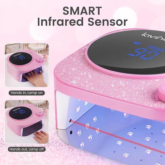 Lavinda 54W Cordless Pink Glitter Nail Lamp for Gel Nails | 2-hour charge, 4–6 hr runtime, acetone-resistant shell, vented cooling, full-hand and pedicure space, beauty content setups