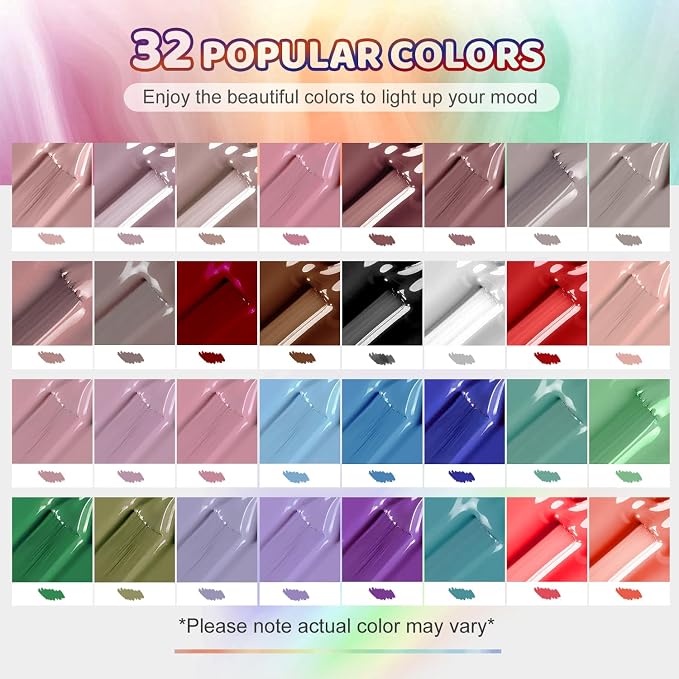JODSONE 32 Colors Gel Nail Polish Kit with Base Coat Matte Glitter Top Coat Soak Off Manicure Tools Manicure Salon DIY at Home
