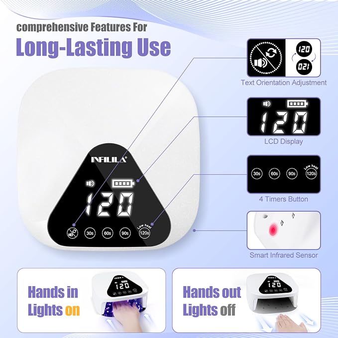 NXJ INFILILA Professional UV/LED Nail Lamp, 54W UV Light for Gel Nails | 30Pcs LED Beads,Cordless,Flash Curing for All Gel Nail Polishs，4 Timers,120s Low Heat Mode,Auto Sensor for Salon and Home Use