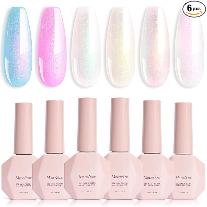 MelodySusie 7.5ML Glitter Gel Nail Polish Set, 6 Colors Aurora White Sparkle Gel Polish Kit Aurora Blue Pink Shimmer Gel Polish Gifts for Women Nail Art Manicure Salon DIY Nail Design at Home