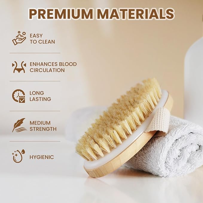 POPCHOSE Dry Brushing Body Brush, Natural Bristle Exfoliating Brush | Body Scrub for Smoother Skin: Supports Cellulite Treatment, Lymphatic Drainage and Blood Circulation Improvement
