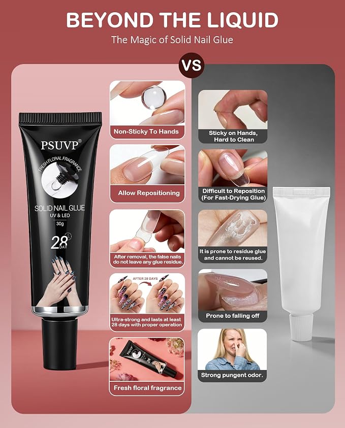 Solid Gel Nail Glue 30+30g w/Mini UV Lamp Acrylic Fake&Press OnNails | Strong, secure after cure, waterproof, long lasting, Mess-free & Easy use, Floral Scent, Safe & Gentle, Salon Quality at Home