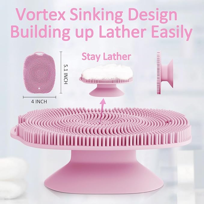 Soft Silicone Body Scrubber, Gentle Like a Hand Exfoliating Your Skin and Build Up Lather Easily, Back Large Suction Cup Easy to Store, Long-Lasting & Deep Clean (Pink)