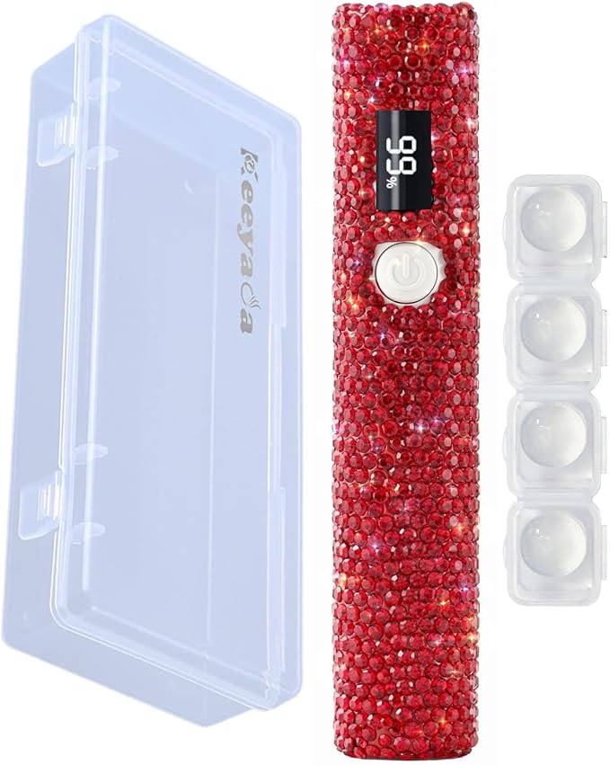 Handheld UV Nail Lamp with Sparkly Rhinestones Red | 3W Portable LED Nail Lamp, Wireless Rechargeable USB Nail Dryer with Silicone Stamper, LCD Display, for Home DIY Manicures