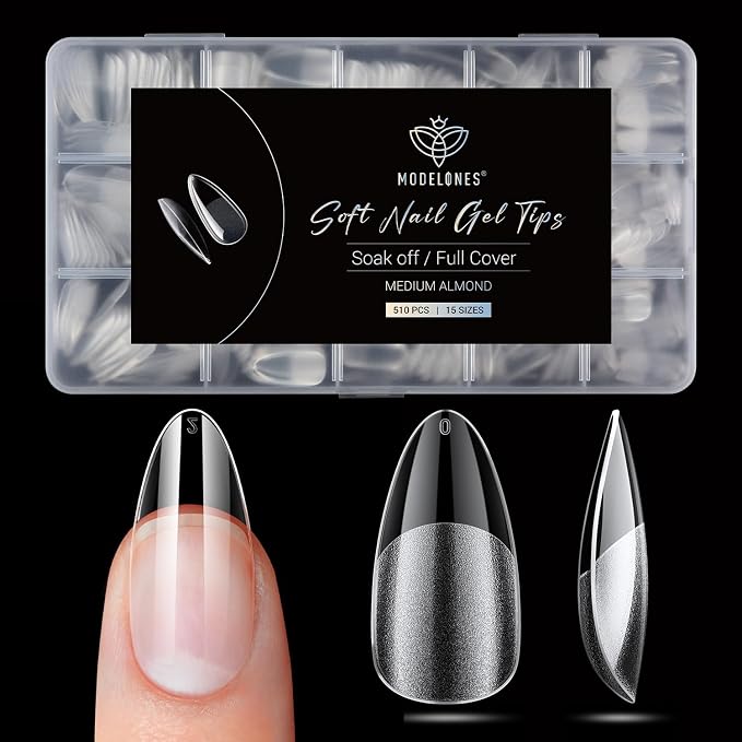 Modelones Pointed Almond Nail Tips 510pcs Medium Clear Fake Press on Nails | Half Matte Full Cover Clear Acrylic Gel False Press on Nails for Extension DIY Salon 15Sizes