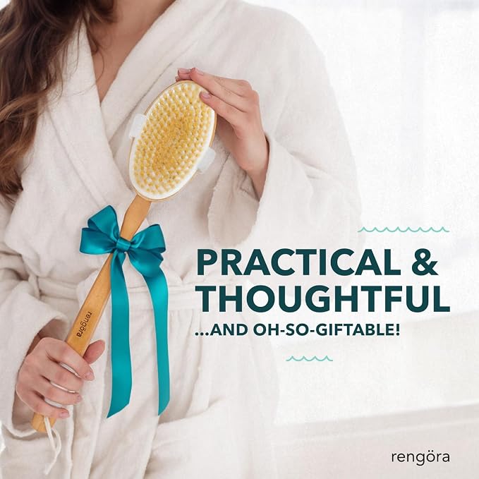 Back Scrubber for Shower - 20" Long Handle Shower Brush - Natural Bristle Back Brush – Ergonomic Handle + Silicone Anti-Slip Grip - Great Gift Idea - Men, Women + Seniors Love This (Firm Bristles)
