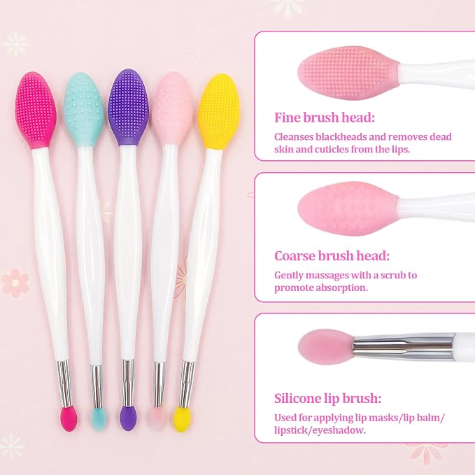 5 Pcs Lip Scrub Brush，3-in-1 Silicone Lip Scrub Tool for Dark Lips，Lip Scrubber Exfoliator,Double-Sided Silicone Lip Brush Tool for Exfoliating Lips