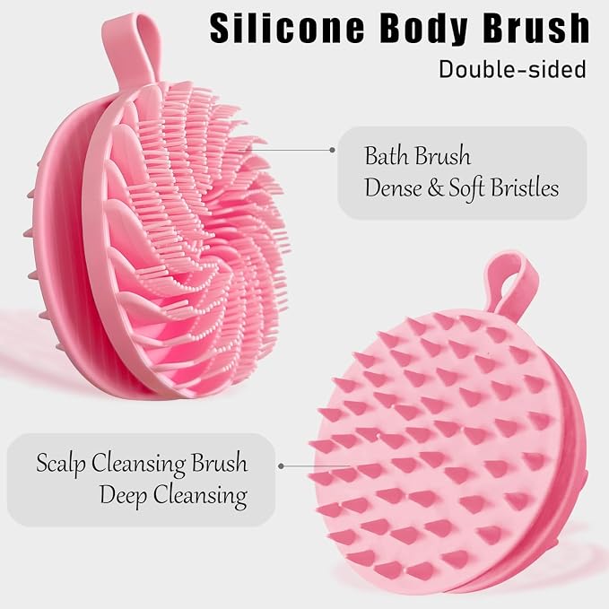 Double-Sided Silicone Body Scrubber Shower Bath Brush（Pink） | Handheld Cleansing Skin Brush for Sensitive Kids Women Men All Kinds of Skin