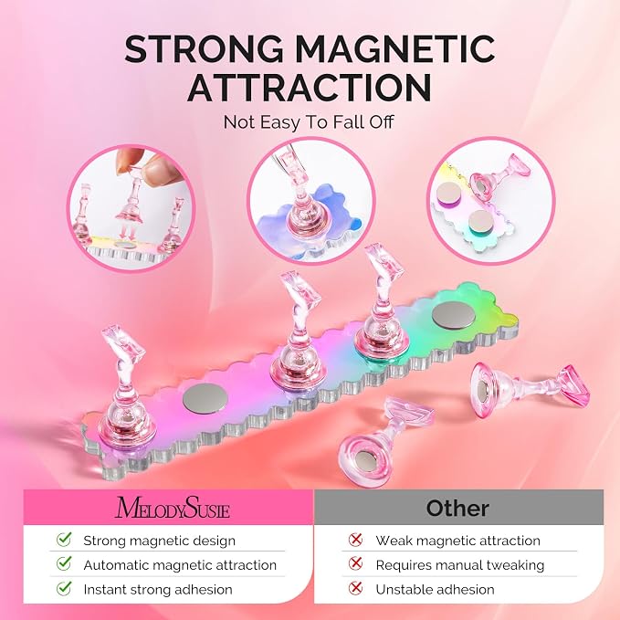 MelodySusie 2-Set Nail Stand for Press Ons Acrylic Magnetic Base, Aurora | Strong Magnetic, Wider Base, Residue-free Tape, Fit LED/UV Lamps, Nail Tips, Full Accessories, DIY Salon, Beginners & Pros