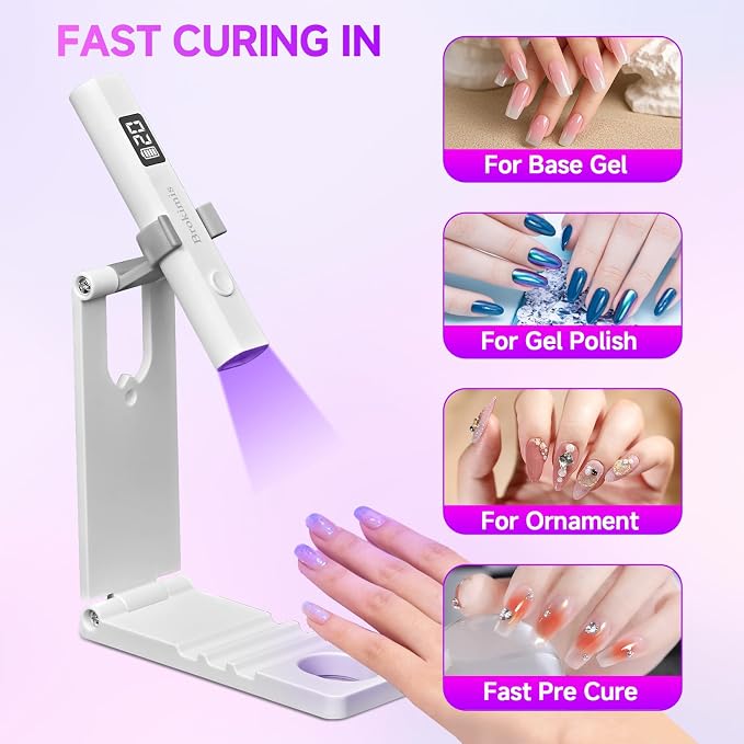 Brokimis Handheld UV Light for Gel Nails with Stand Mini Nail Lamp | LCD Display 3-Timer Modes Portable Cordless Rechargeable USB Small Nail Dryer for Fast Curing Home DIY Manicure Nail Art