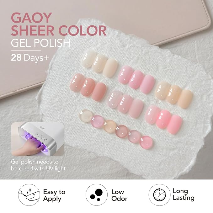GAOY Jelly Gel Nail Polish Set, 6 Colors Pink White Nude Sheer UV Gel | Natural Nails, Buildable Color, UV Lamp Required, Long Lasting, Easy to Apply, Salon Manicure at Home