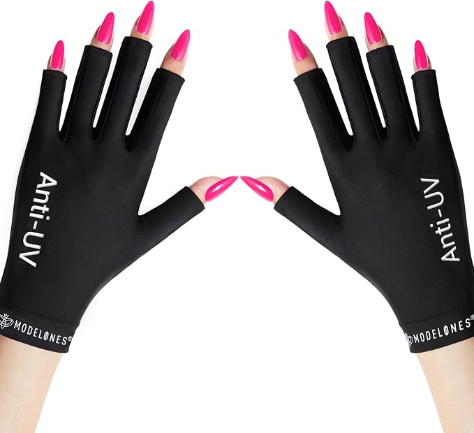 Modelones UV Gloves for Gel Nail Lamp, Black UV Gloves for Gel Manicures | Professional UPF50+ UV Protection Gloves for Manicures Art Skin Care Fingerless Glove for Women