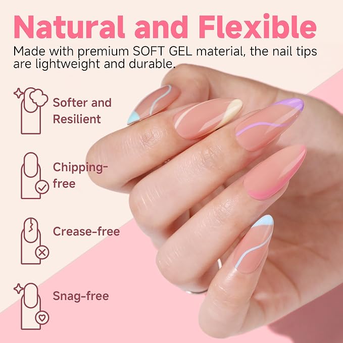 UNA GELLA Medium Almond Gel Nail Tips Almond Shape Pre-etched 120Pcs | 12 Sizes Soft Gel Clear Acrylic Fake Nails Half Matte Full Cover Nails Tips for Nail Extensions DIY Salon Long Lasting