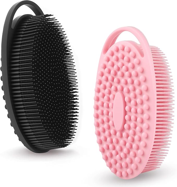 2 Pack Silicone Body Scrubber for Shower - Soft & Gentle Loofah Alternative for Sensitive Skin, Quick-Drying & Hygienic Body Wash Scrubber Brush for Women, Men & Kids (Black & Pink)