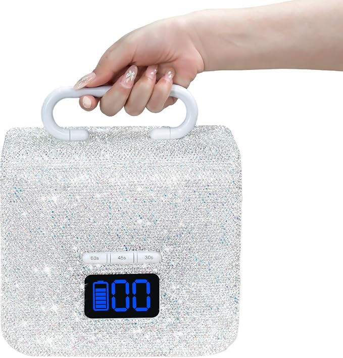 UV LED Nail Lamp with Portable Handle and Sparkly Rhinestones | Wireless Rechargeable Professional Curing Lamp, 220W UV Light for Gel Nails, LCD Display, Easy to Carry for Salon & Home