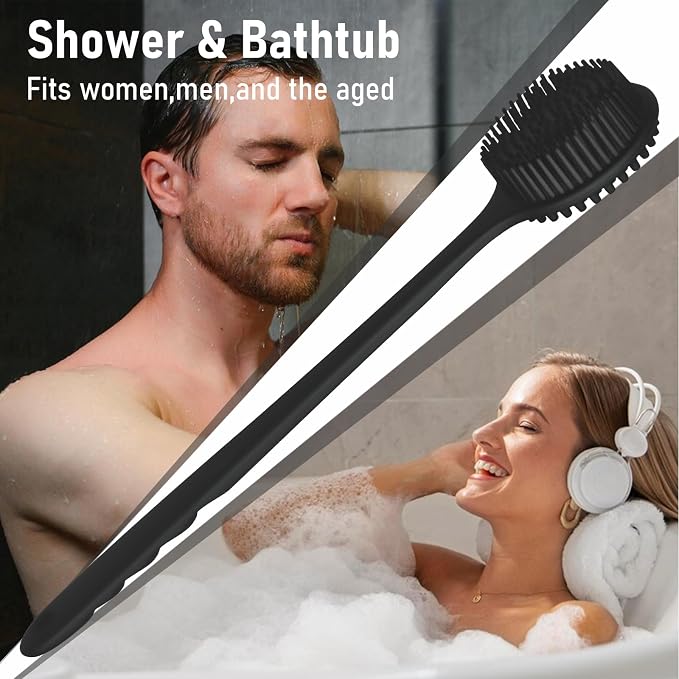 KXF Silicone Back Scrubber for Shower Bath Body Brush with Long Handle Double Sided Exfoliating Shower Brush with a Hook and a Lanyard