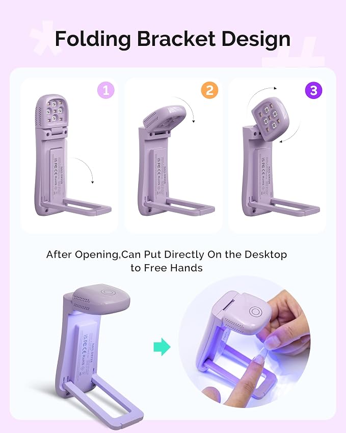 MelodySusie 2in1 Mini Cordless UV Nail Lamp P-ART09F for Manicure Beginners | Hands-Free Fold-out Stand,Lighting & Curing 2 Mode,30s/60s Timer, Use for Home Nail Art Design, 1000mAh Battery