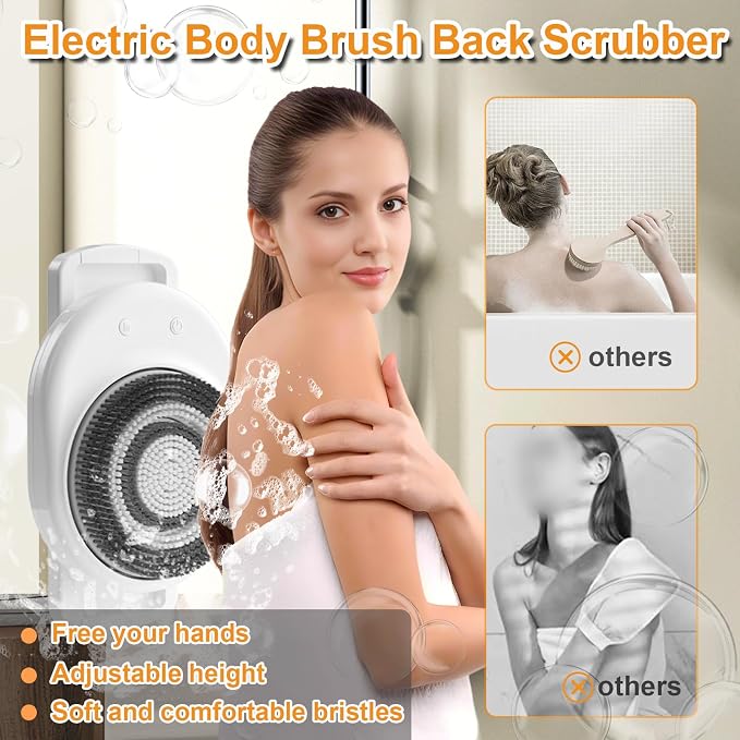 Electric Body Brush, Wall-Mounted Body Brush with Soft Bristles, Rechargable Body Shower Brush for Cleansing, Brushing, Massaging, with Bath Brush Heads,Presents for Women Men Relaxation at Office
