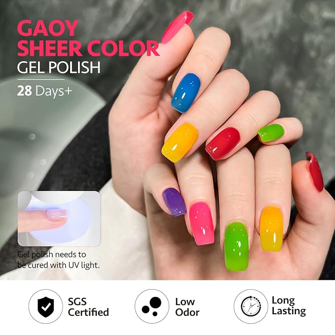 GAOY Glass Jelly Gel Nail Polish Set, 6 Colors Yellow Blue Green Red Pink | Summer Nail Art, Layer with Cat Eye, UV Lamp Required, Long Lasting, Beach Vacations, Pool Party Glam, Manicure Pedicure