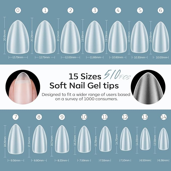 Modelones Short Almond Nail Tips 510pcs Full Matte Soft Fake Press On Nails | Full Cover Clear Acrylic Gel Kit False Press on Nails for Extension DIY Salon 15Sizes