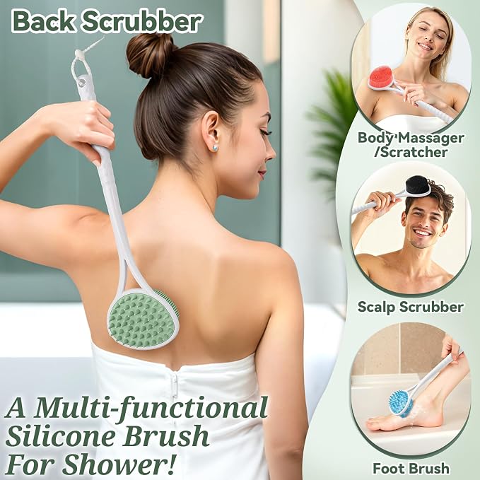 Silicone Back Scrubber & Bath Glove Set, 15.35’’ Soft Back Scrubber with Dual-Side Brush Head, 360° Anti-Slip & Enlarged Exfoliating Body Scrubber for Rich Foaming Deep Cleaning(Green)