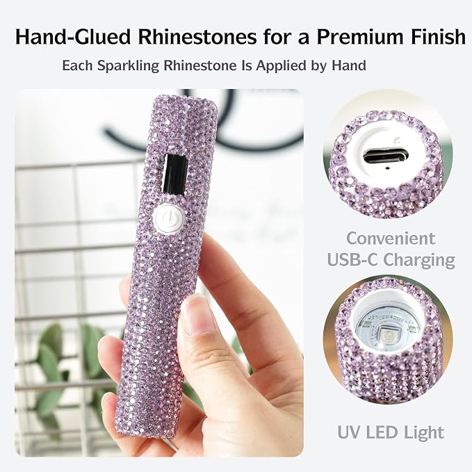 Handheld UV Nail Lamp with Sparkly Rhinestones Violet | 3W Portable LED Nail Lamp, Wireless Rechargeable USB Nail Dryer with Silicone Stamper, LCD Display, for Home DIY Manicures