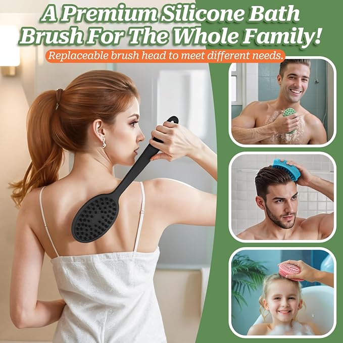 Silicone Face & Back Scrubber Set, Manual Face & Body Scrubber Exfoliator with Soft Bristles and Non-Slip Handle, Back Brush Bath Brush with 2 Detachable Brush Heads(3PCS Black Set)
