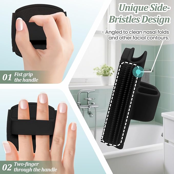 Silicone Back/Body/Face Scrubber & Scalp Massager Set 5PCS, 13.4'' Soft Back Scrubber, 360° Anti-Slip Bath Glove, Unique Side-bristled Face Scrubber, Shampoo Brush for All-round Cleaning(Black)