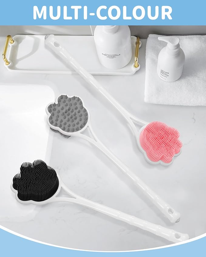 Manmihealth 15.7" Cute Silicone Back Scrubber with Long-Handle Black | Dual Use Back Brush for Shower with Super-Soft Silicone Bristles, Paw-Shaped Shower Body Scrubber for Sensitive Skin