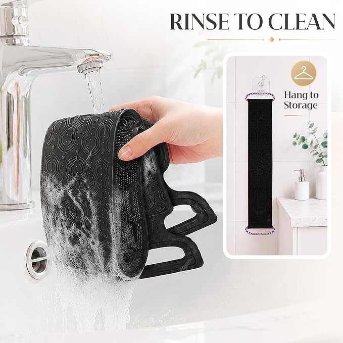 Manmihealth Silicone Back Scrubber for Shower & African Bath Sponge Set | Upgrade 33.8'' Long Silicone Back Brush & Exfoliating Net Sponge Combination, Dual-Sided Use Shower Loofah(Black+Black)
