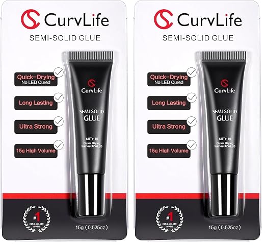 Curvlife Super Strong Nail Glue 15g for Press On Nails - Quick Drying, Semi Solid, Long Lasting, No UV Light Needed (Pack of 2)