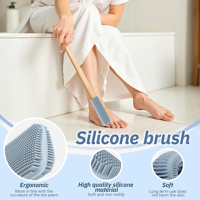Long Handle Toe Gap Cleaning Brush+Body Shower Brush+Foot Grinder,Grey | Silicone Foot Scrubber for Shower, Feet Cleaner Scrub Foot Care for Seniors,Elderly, Men and Women