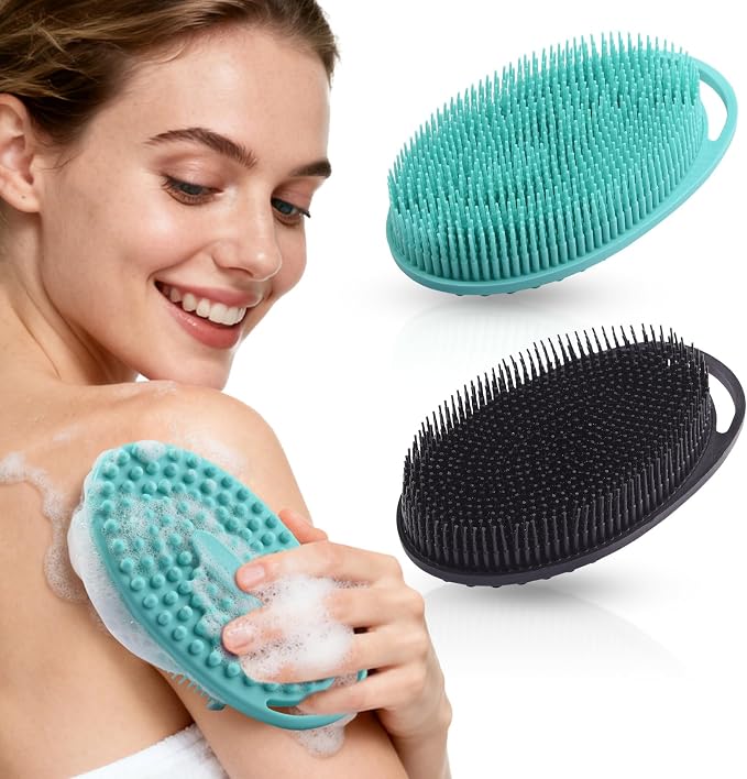 2 Pack Silicone Body Scrubber, Exfoliating Shower Scrubber for All Skin | 2 in 1 dual-sided design, soft bristles and massage bumps side, fast-drying, non-slip handle, for women and men, Black+Green