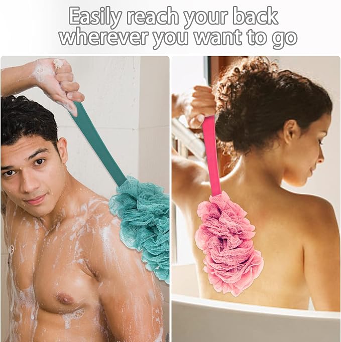 Evmliy Back Scrubber for Shower, Loofah Sponge Brush Exfoliating Body, Long Handle Scrub Brush for Shower with Loofah on a Stick for Back Use, Bathing Accessories Body Brushes (4Pack)