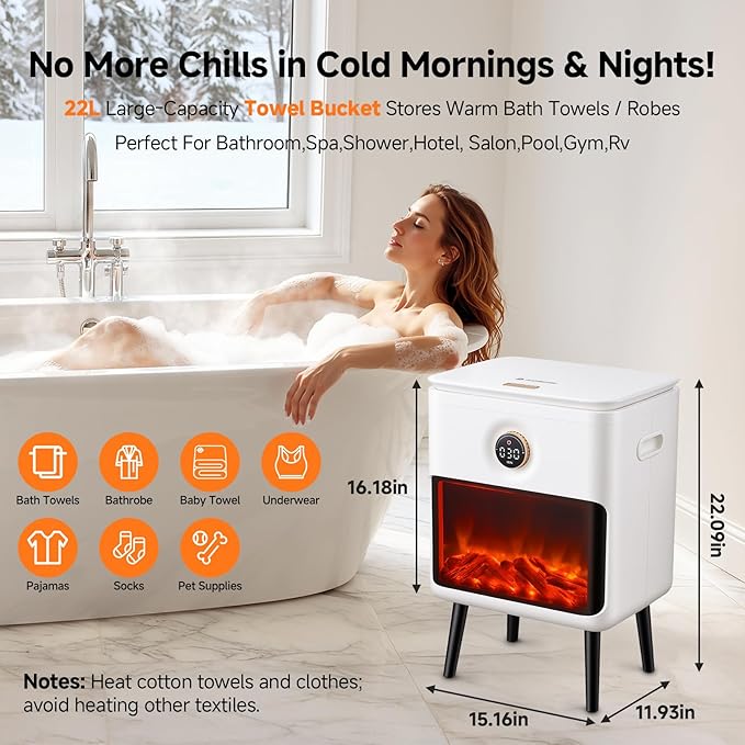 AAOBOSI Towel Warmer, 22L Large Luxury Towel Warmers for Bathroom with 3D Flame Screen, Auto Shut Off Even Heated Hot Towel Warmer Bucket for Towels, Bathrobes, Blankets, PJ's