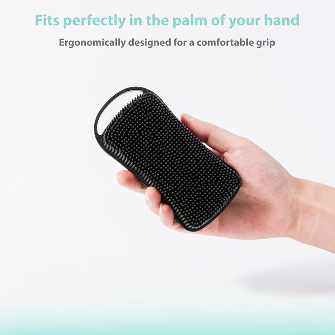 MtBoi 2 PC Silicone Body Scrubber, 2 in 1 Exfoliating Shower Bath Scrubber, Soft Silicone Loofah for Sensitive Skin, Shower Hair Scalp Massager, Easy to Clean, Lather Well (Black&Green)