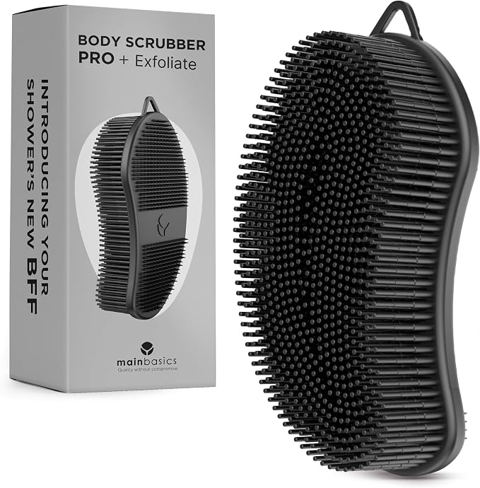 MainBasics Silicone Body Scrubber Dual-Sided, Black, Exfoliate | Shower Exfoliator for Men & Women, Gentle Silicone Loofah Alternative for Deep Clean