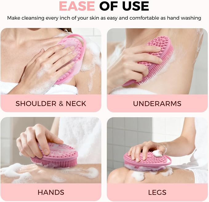 2 Pack Silicone Body Scrubber, Exfoliating Shower Scrubber for All Skin | 2 in 1 dual-sided design, soft bristles and massage bumps side, fast-drying, non-slip handle, for women and men, Black+Pink