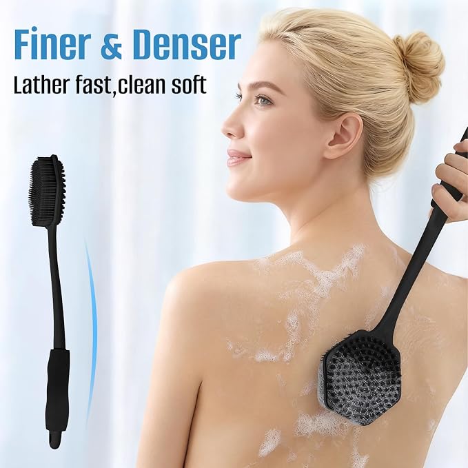 14" Silicone Back Scrubber for Shower, Long Handle Body Brush | Soft Bristles Exfoliate&Massage Skin. Non-Slip Grip, Reach Full Back Easily. Ideal for Men&Women, Bath Use. Black.