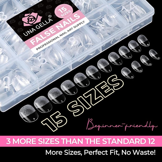 UNA GELLA Extra Short Almond Nail Tips, 15 Sizes Pre-Shaped Full Cover | 300Pcs Flexible Soft Gel Clear XS Almond Tips for DIY Press on Nails, for Daily Wear, Art Design & Salon Use