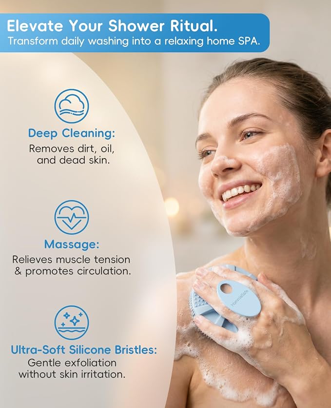 1 Pack Soft Silicone Shower Brush, Body Exfoliating Skin Massage Scrubber | Body Wash Bath Dry Skin Brushing Glove Loofah, Fit for Sensitive and All Kinds of Skin(Sky Blue)