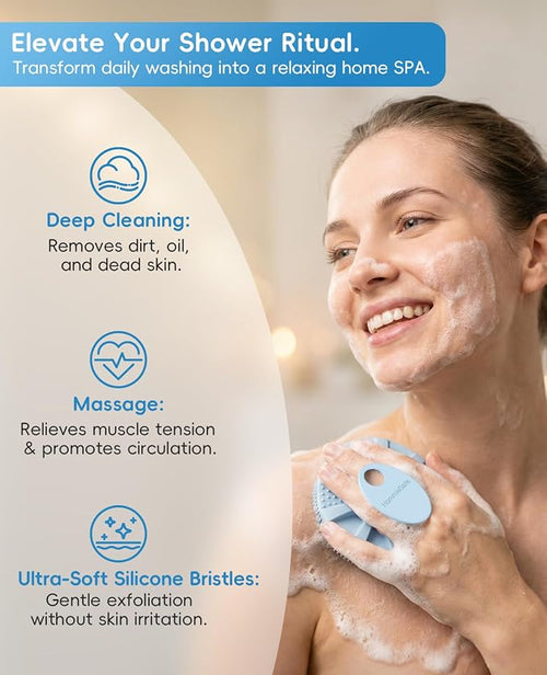 1 Pack Soft Silicone Shower Brush, Body Exfoliating Skin Massage Scrubber | Body Wash Bath Dry Skin Brushing Glove Loofah, Fit for Sensitive and All Kinds of Skin(Sky Blue)