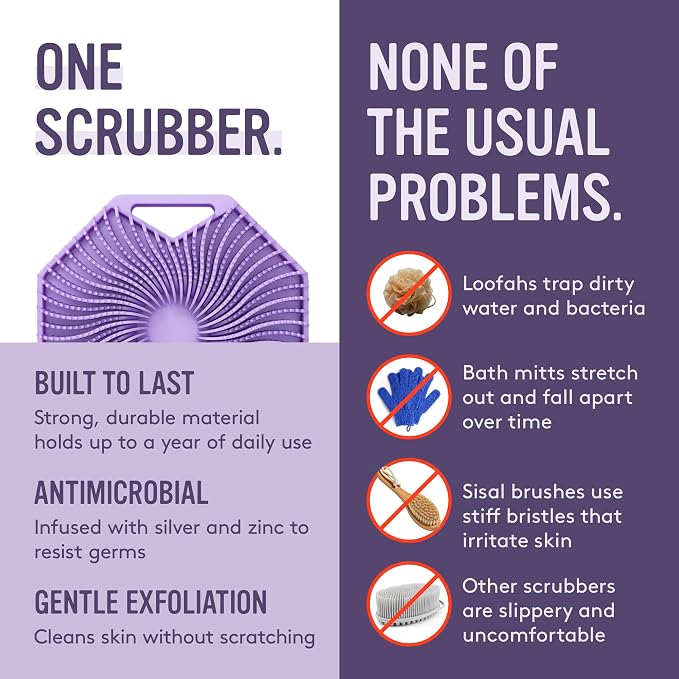 Sud Scrub® Antimicrobial Silicone Body Scrubber, Exfoliating Body Brush for Sensitive Skin, Antibacterial Shower Scrubber for Body, Bathroom Essentials for Men & Women, Purple